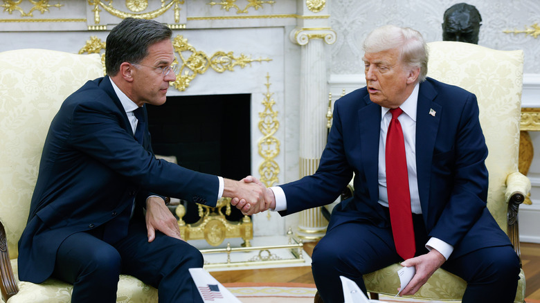 Donald Trump shaking hands with NATO Secretary-General Mark Rutte