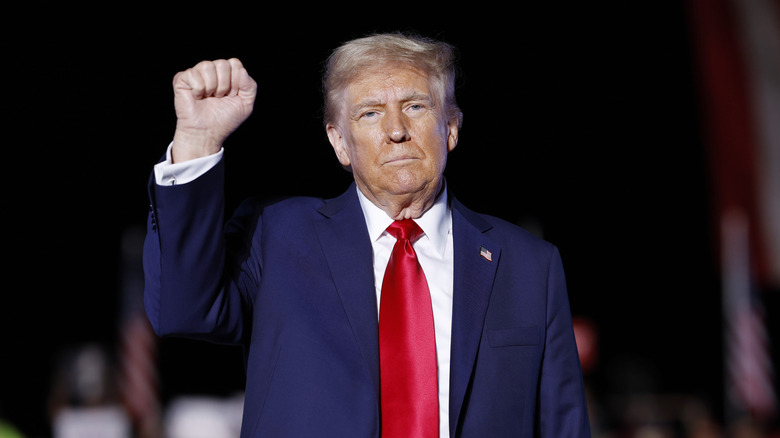President Donald Trump raising fist in Butler PA event