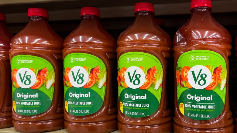 Four bottles of V8 beverage