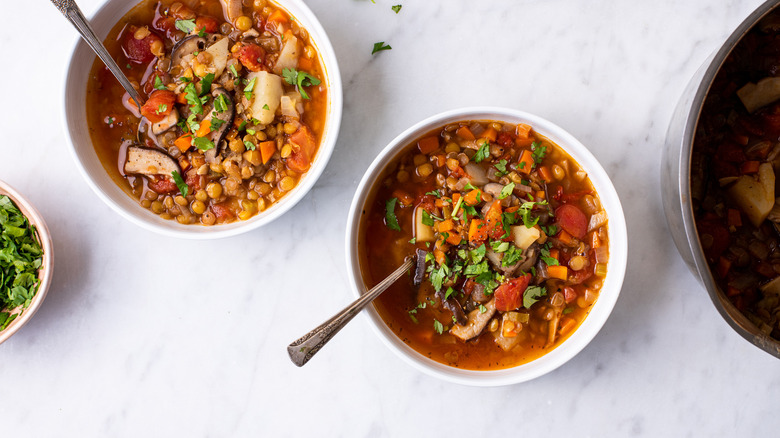 bowls of vegan lentil soup