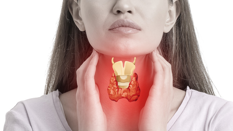 Woman checking her thyroid gland