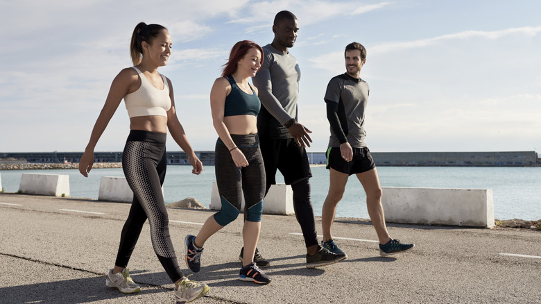 A group of four people walking on a road by a waterway