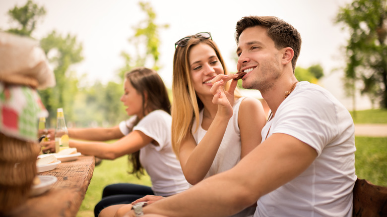 Couple eating steak