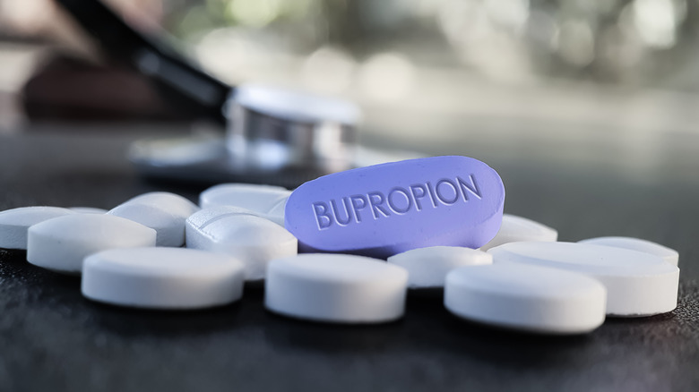 Pile of pills labeled bupropion
