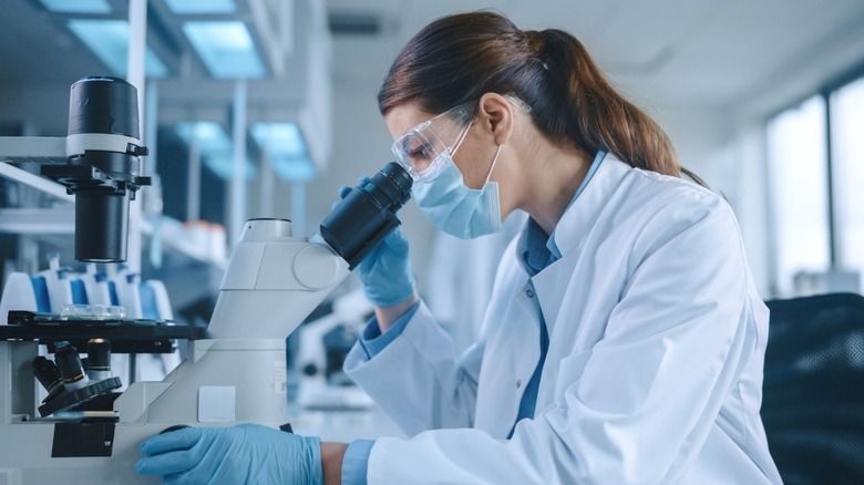 lab technician looking through microscope