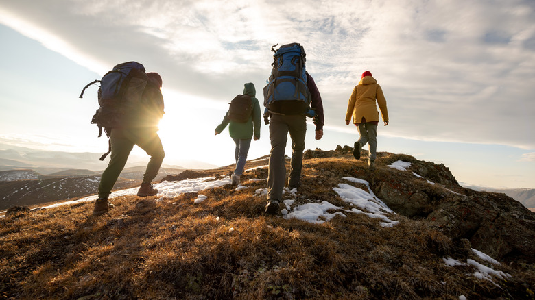 people hiking up a mountain 