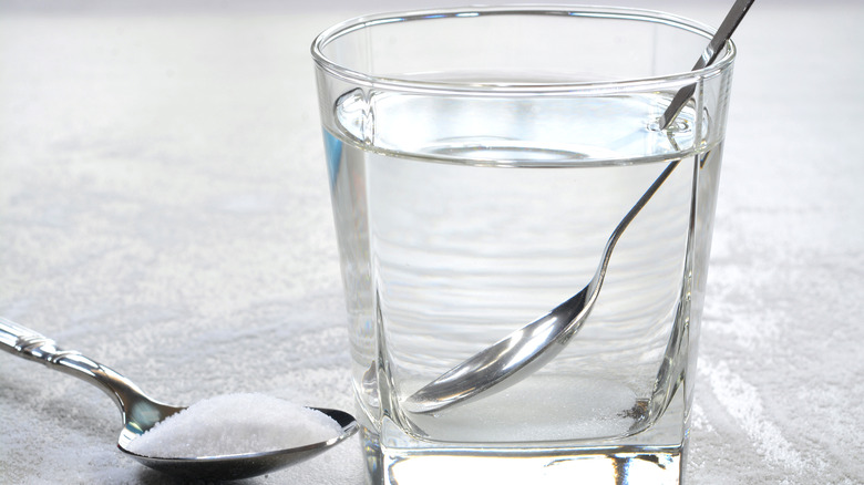 Glass of water and spoon full of salt