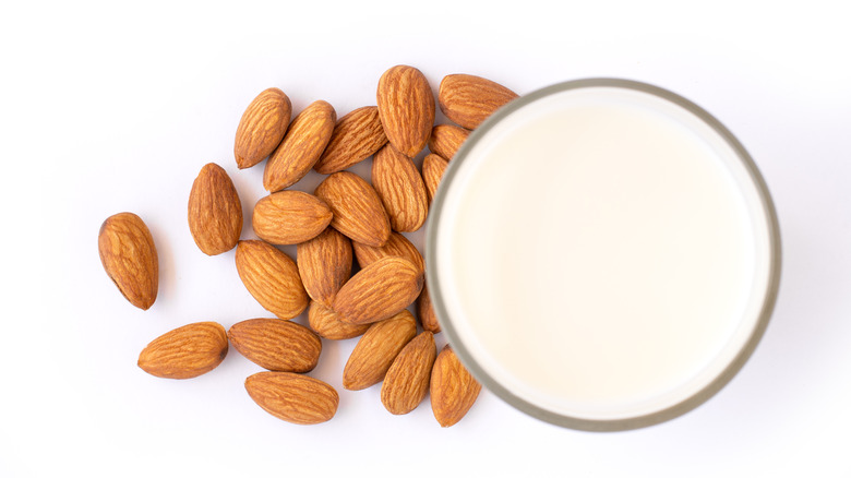 Glass of almond milk with almonds near it