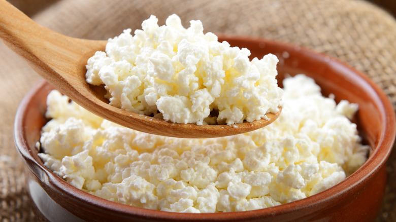 wooden spoon holding cottage cheese over bowl