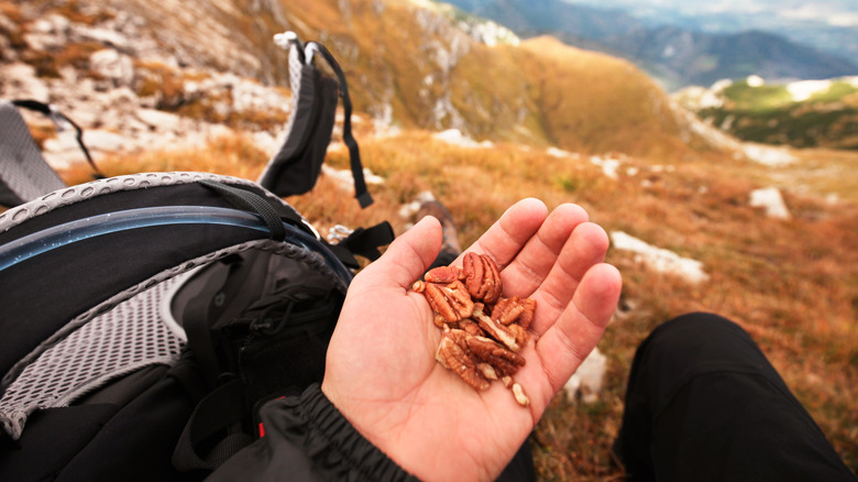 man's hand holding pecans while on bike