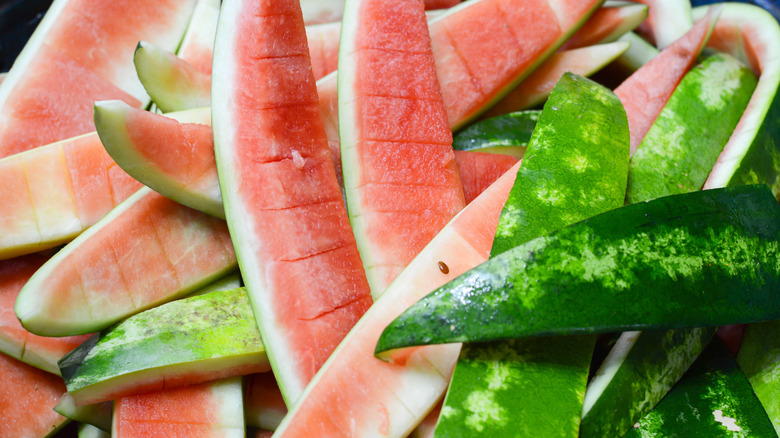 A pile of watermelon rinds