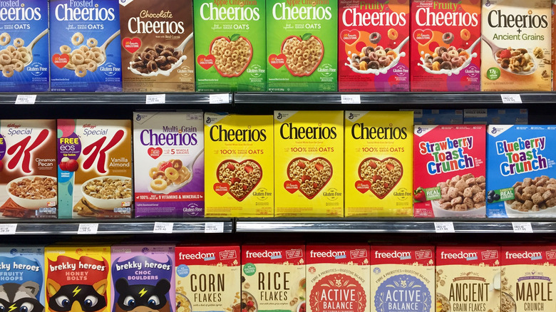 Cereal boxes on shelf at grocery store