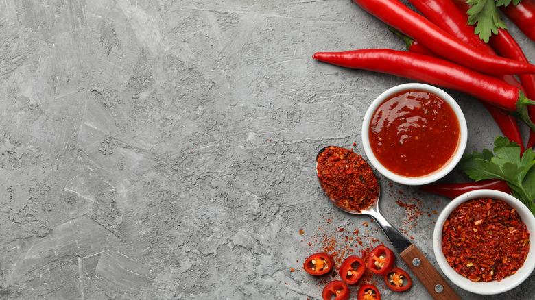 chili peppers, hot sauce, and red pepper flakes on slate background