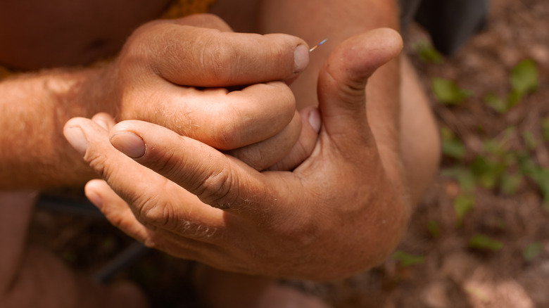 Person's hands removing splinter from thumb