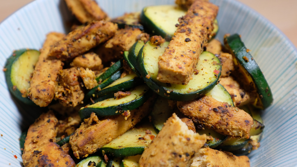 Mycoprotein strips and vegetables stir fried with seasoning