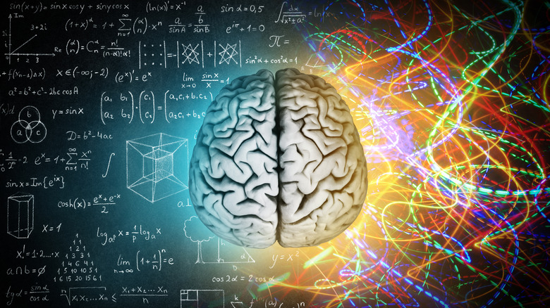 brain superimposed over math equations, art