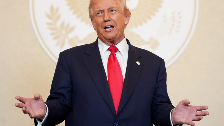 President Donald Trump speaking during a meeting with business leaders at the U.S. Ambassador's Residence