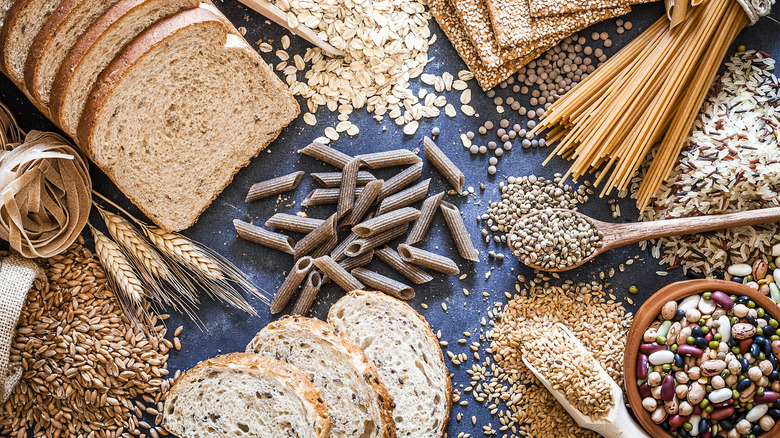 bread, rice, and other carbohydrates on a table