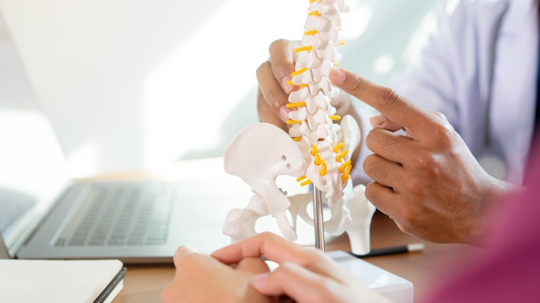 doctor showing patient model of spine