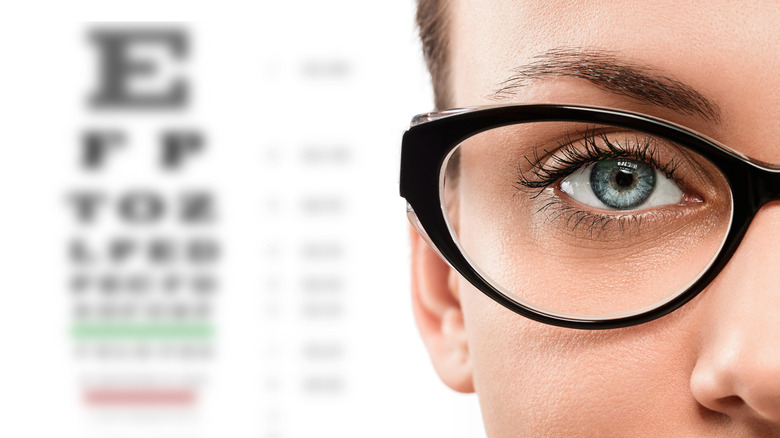 Closeup of one side of the face of a person wearing glasses with blue eyes and an eye exam poster blurred in the background