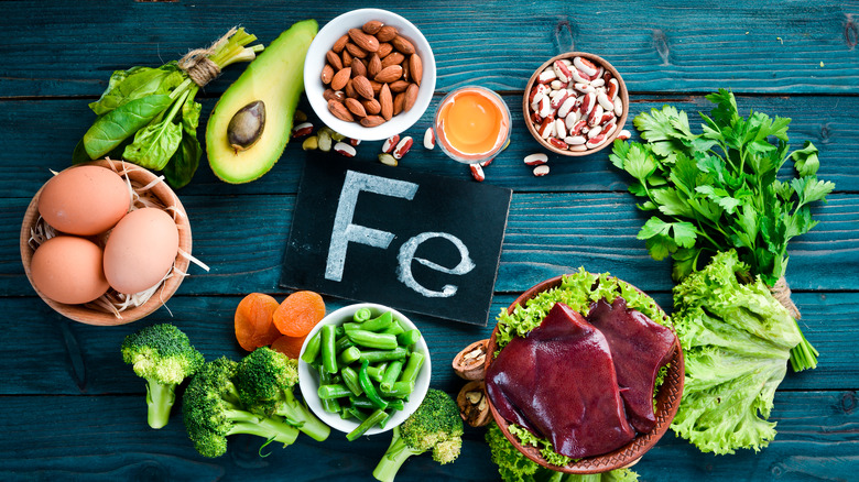 Various foods next to sign of periodic symbol for iron