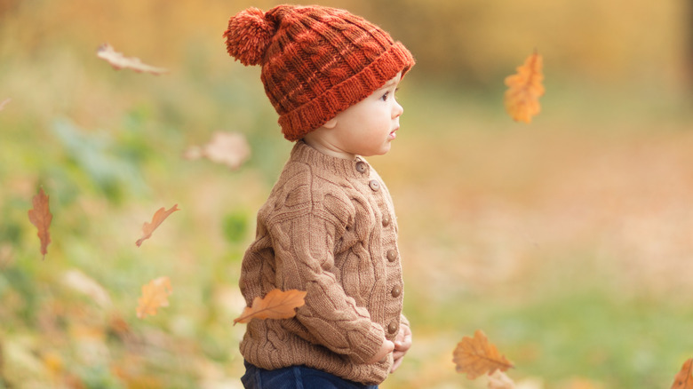 Young child in red hat standing outside in autumn leaves