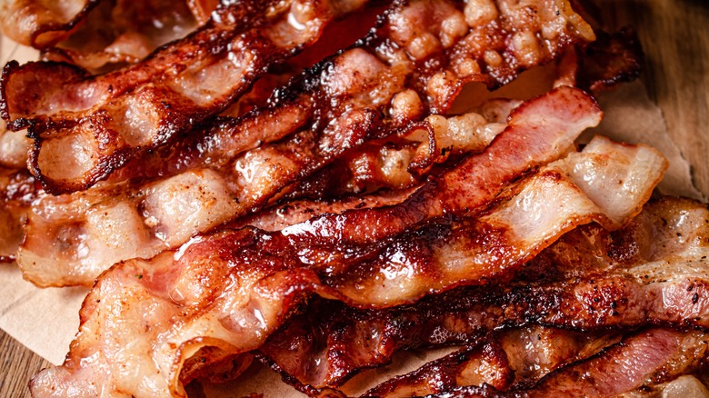 close-up of cooked bacon strips