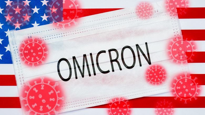 Omicron written on mask overlaying USA flag