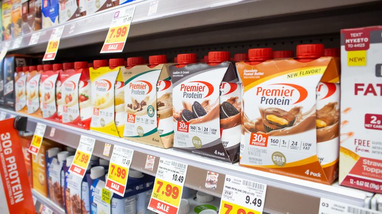 Premier Protein drinks on supermarket shelf