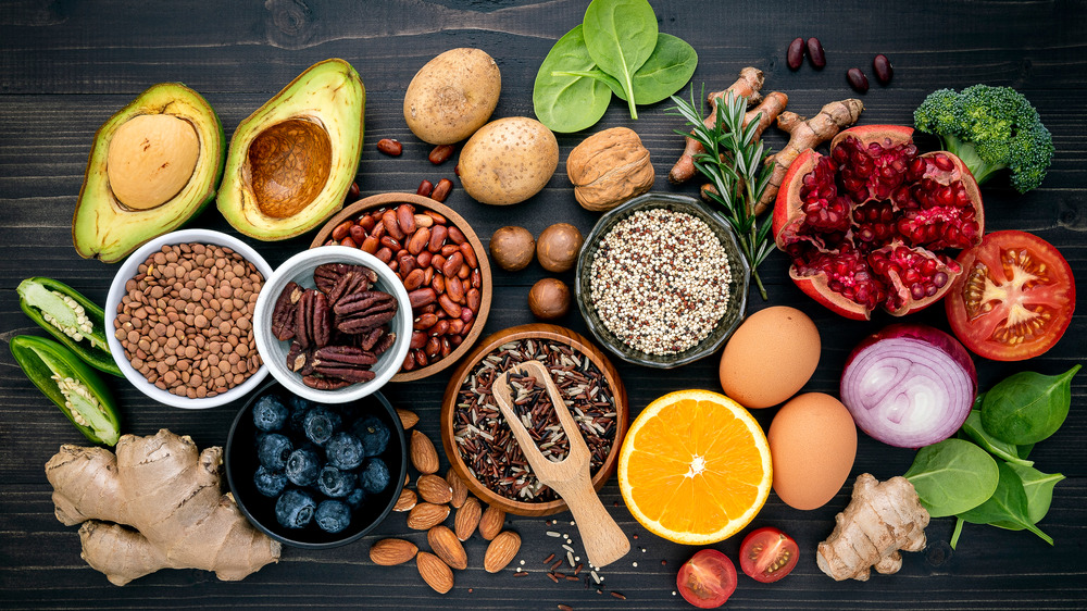 Variety of healthy foods on table