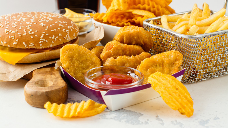 A variety of fried food laid out on a table
