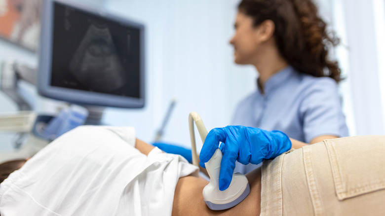 Doctor examining patient's kidney with ultrasound