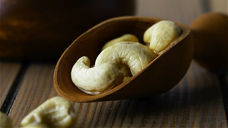 Small shovel of cashews close-up