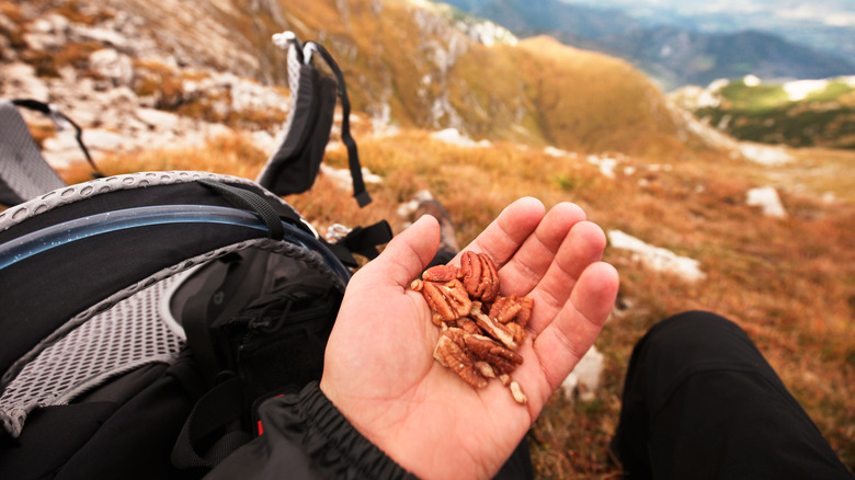 man's hand holding pecans while on bike