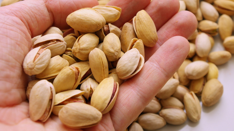 Someone holds a handful of pistachios