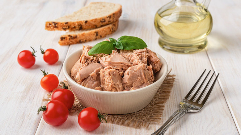 Canned tuna meat in a bowl