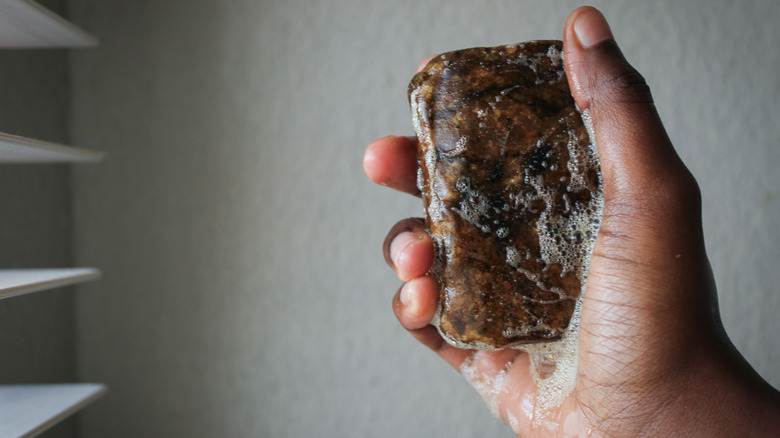 Hand holding African black soap