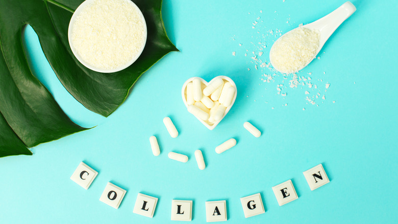 Collagen powder and pills and word COLLAGEN on blue background. 