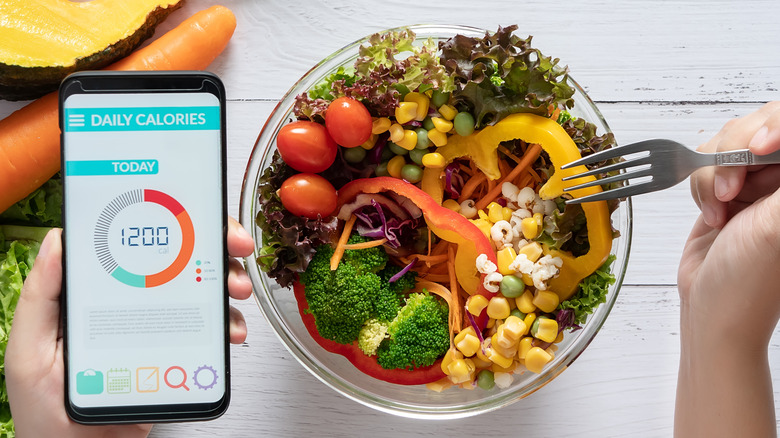 bowl of healthy food with a calorie tracker app open on phone