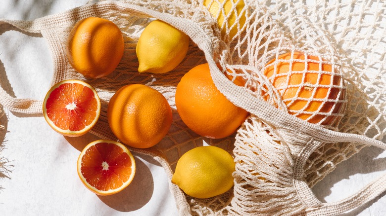 Cloth bag of citrus fruits