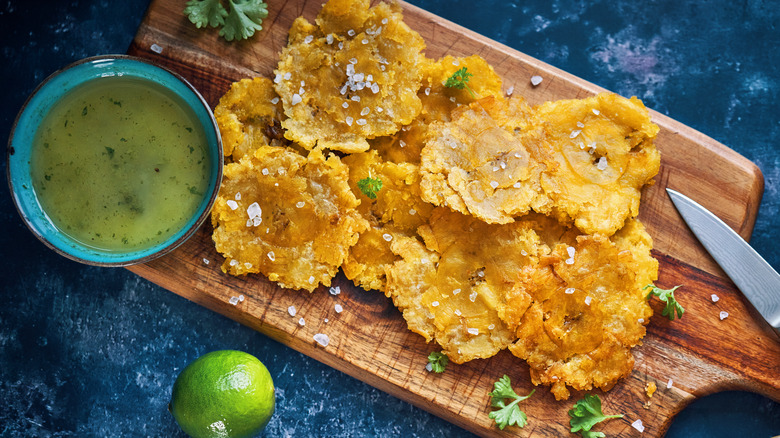 Puerto Rican plantains on a wood serving block