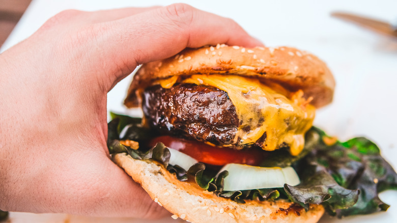 Hand holding a cheeseburger