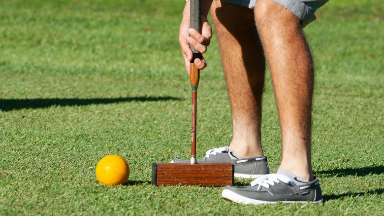 person hitting a croquet ball