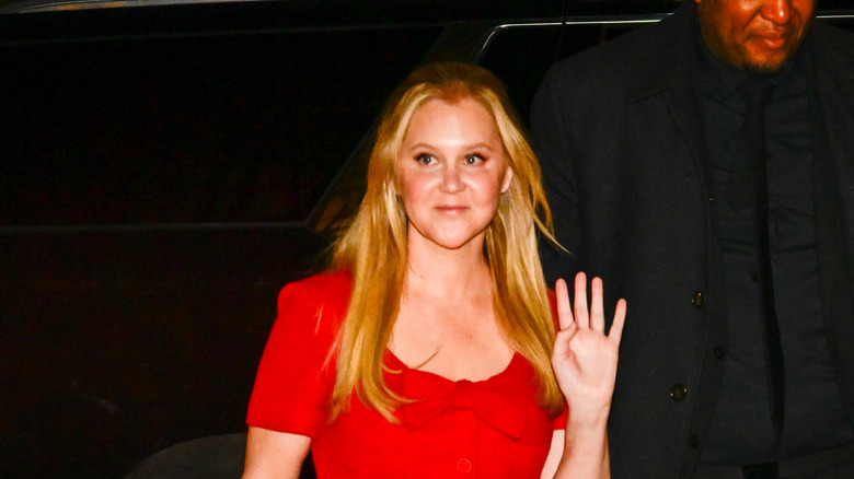 Amy Schumer in red dress waving