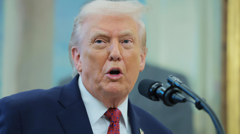 President Donald Trump in a suit, talking into a microphone.