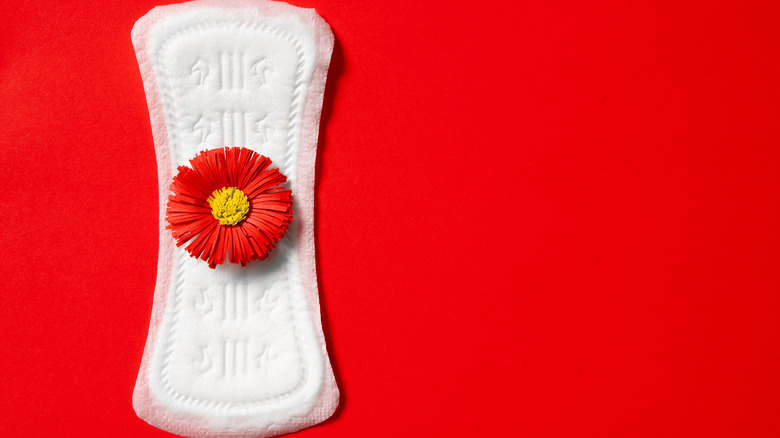 a red flower sits on a white period pad 