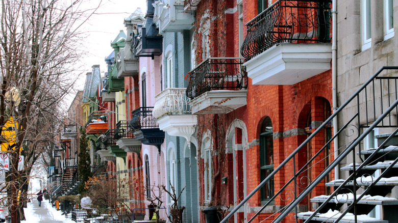 row of colorful apartment buildings