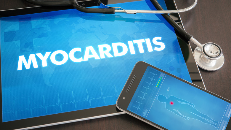 Tablet screen reading "MYOCARDITIS" 
