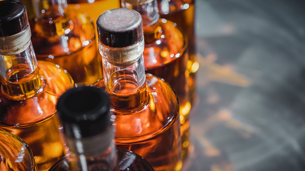 a row of syrup bottles 