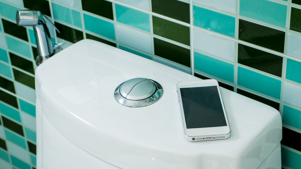 Phone resting on back of the toilet